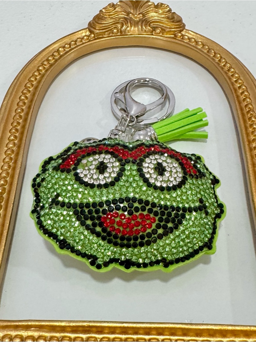 New Oscar the Grouch Green Crystal Smiley Face Keychain with Tassel